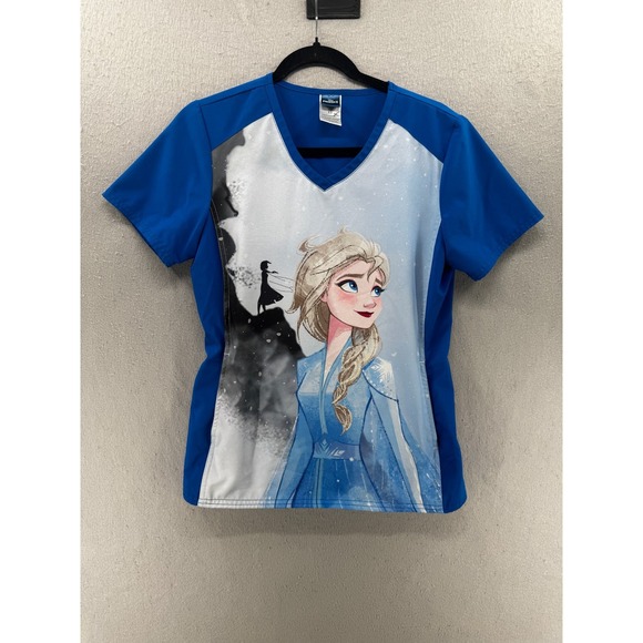 Disney Tops - Disney Frozen Scrub Top Womens Size XS Elsa Short Sleeve Kangaroo Pocket Knit